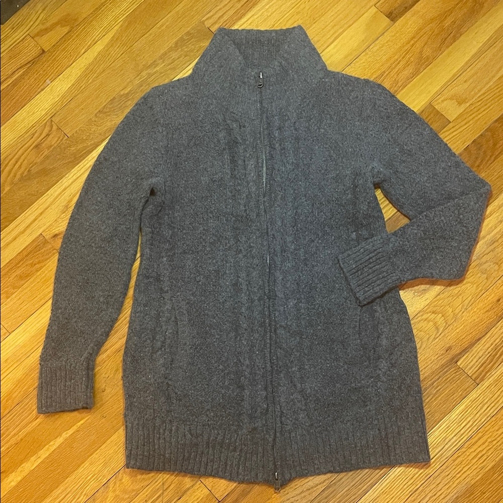 EDDIE BAUER Lamb’s Wool Coastal Cable Knit Gray Ladies Zip-Up Cardigan Sweater